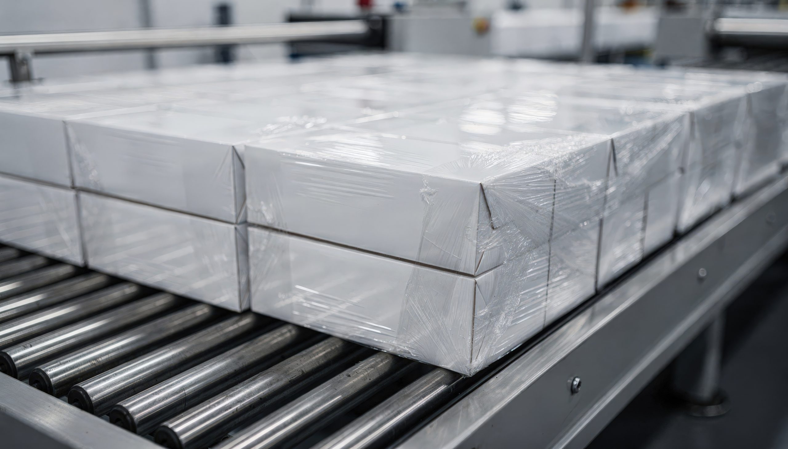 Shrinkwrapped photographic paper boxes travel on a conveyor system neatly packed and sealed highlighting protective packaging processes in an industrial setting. Plástico retráctil agrupación cajas pequeñas