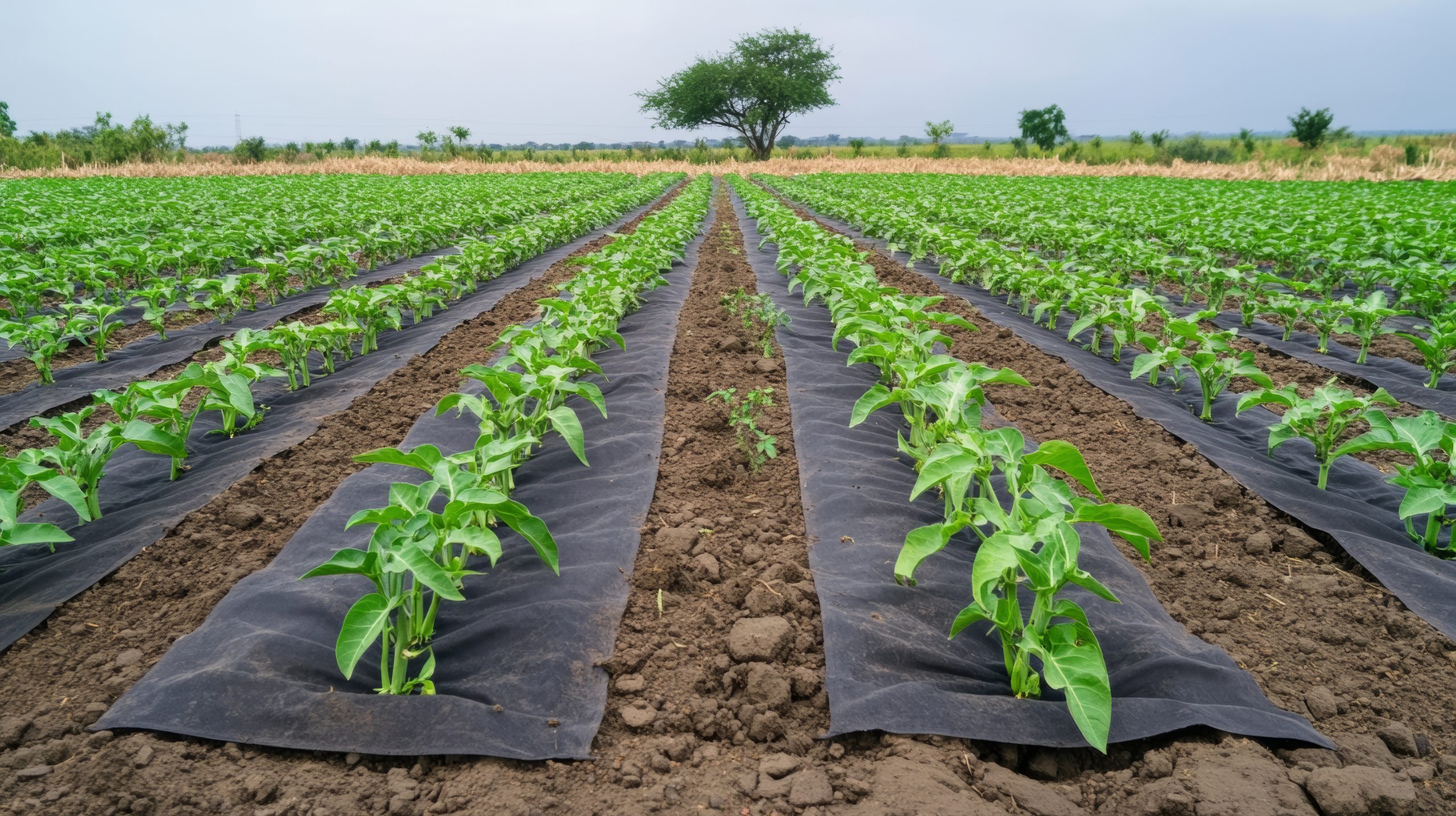 Agricultural landscape revealing symmetrical okra seedlings spreading across black plastic mulch in rural African farmland Plástico agrícola acolchado