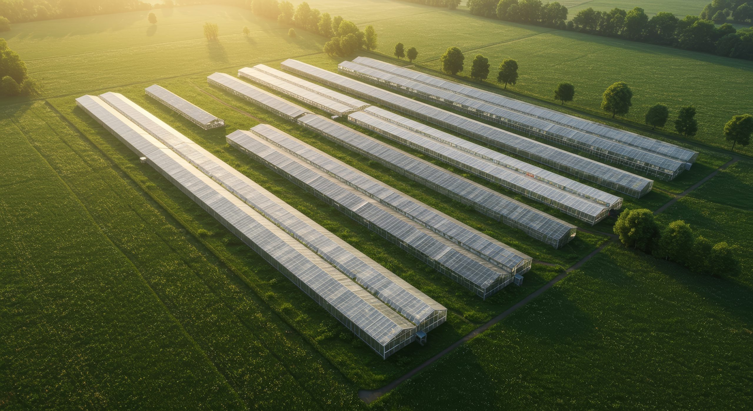 Aerial view of greenhouses in a field at sunrise, showcasing modern agriculture and sustainable farming practices. Plástico agrícola para túneles